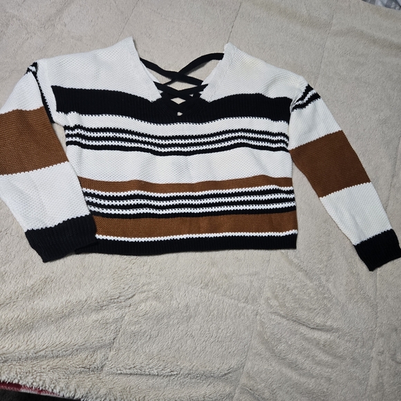 Full Circle Striped Sweater lace up back terracotta ut burnt orange sweater, L - Picture 2 of 13